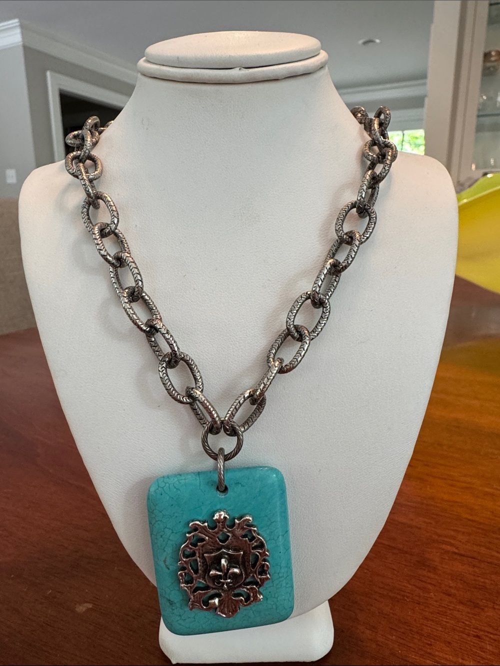 Turquoise Pendant Chain Necklace with Antique Silver Emblem